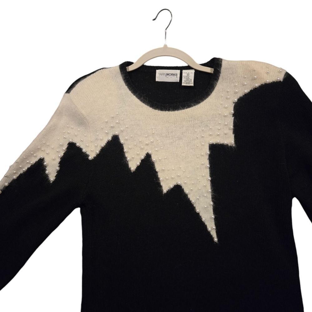 Vintage Black & White Angora Sweater Dress W Pearl Accents